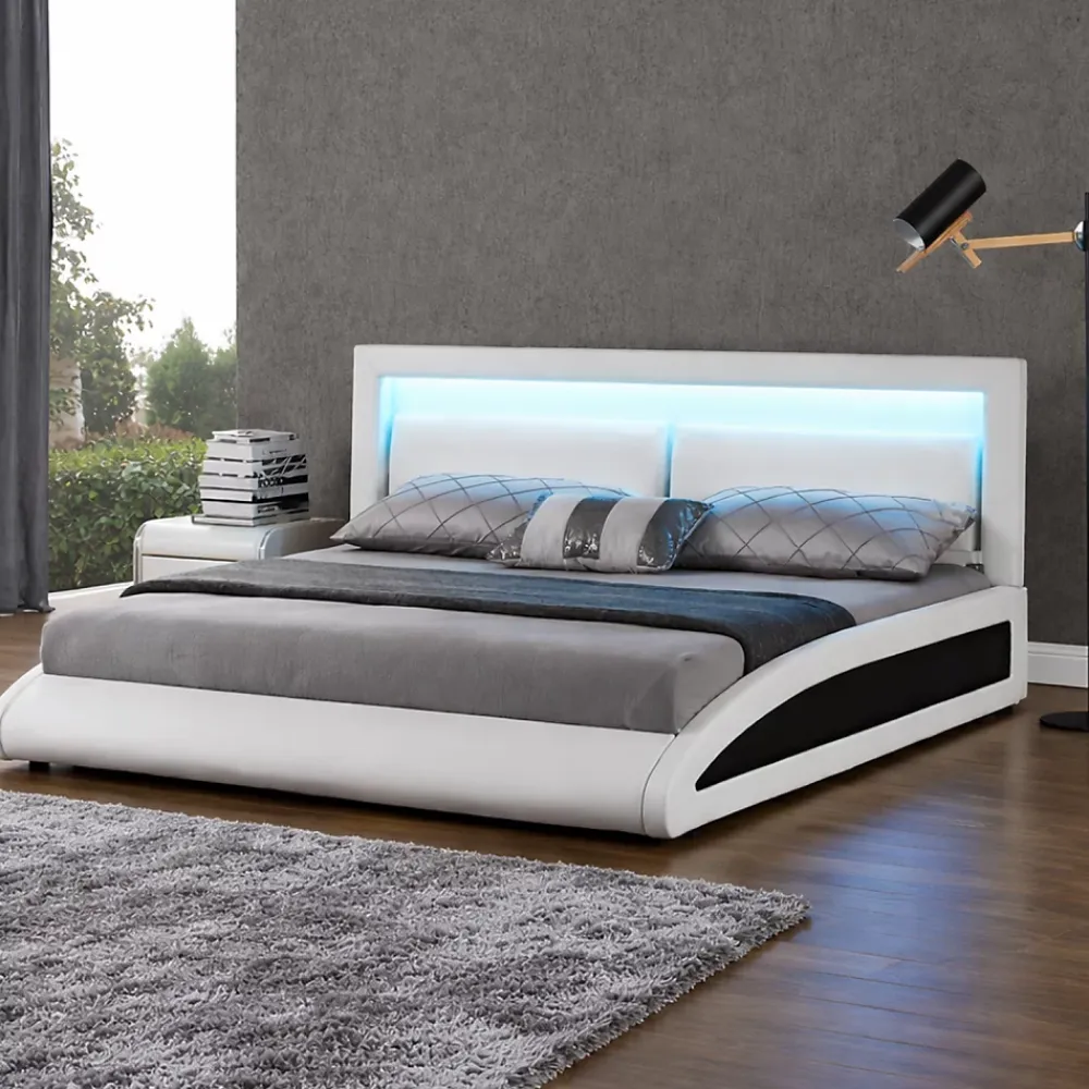 Concept Usine Lit en simili Blanc avec LED intégrées - 160x200cm - BRIXTON* Lit Double