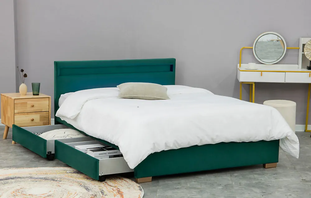 Lit en velours vert avec rangements et LED intégrées 160x200 cm - ENFIELD>Concept Usine Discount