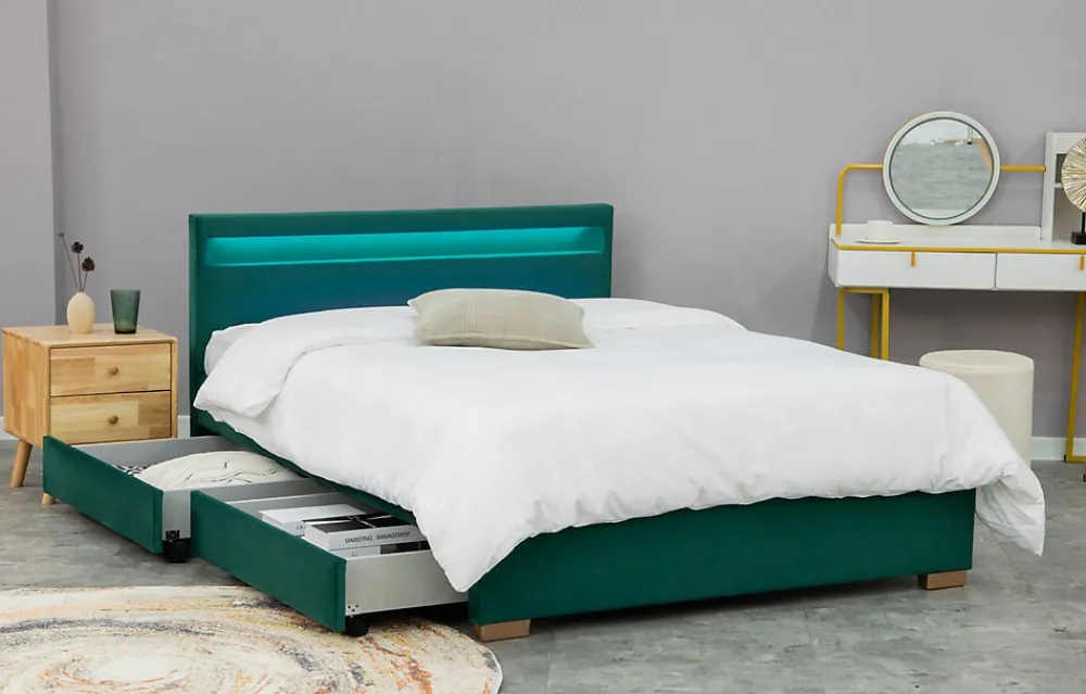 Lit en velours vert avec rangements et LED intégrées 160x200 cm - ENFIELD>Concept Usine Discount