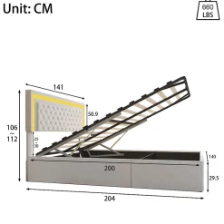 Lit en velours 140x200 cm avec rangements - Avec LED et sommier à lattes - Lit double avec rangements - Beige><noscript><img width=