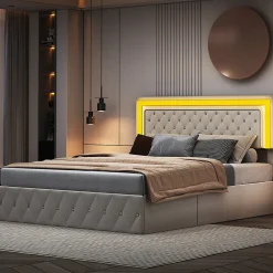 Lit en velours 140x200 cm avec rangements - Avec LED et sommier à lattes - Lit double avec rangements - Beige><noscript><img width=