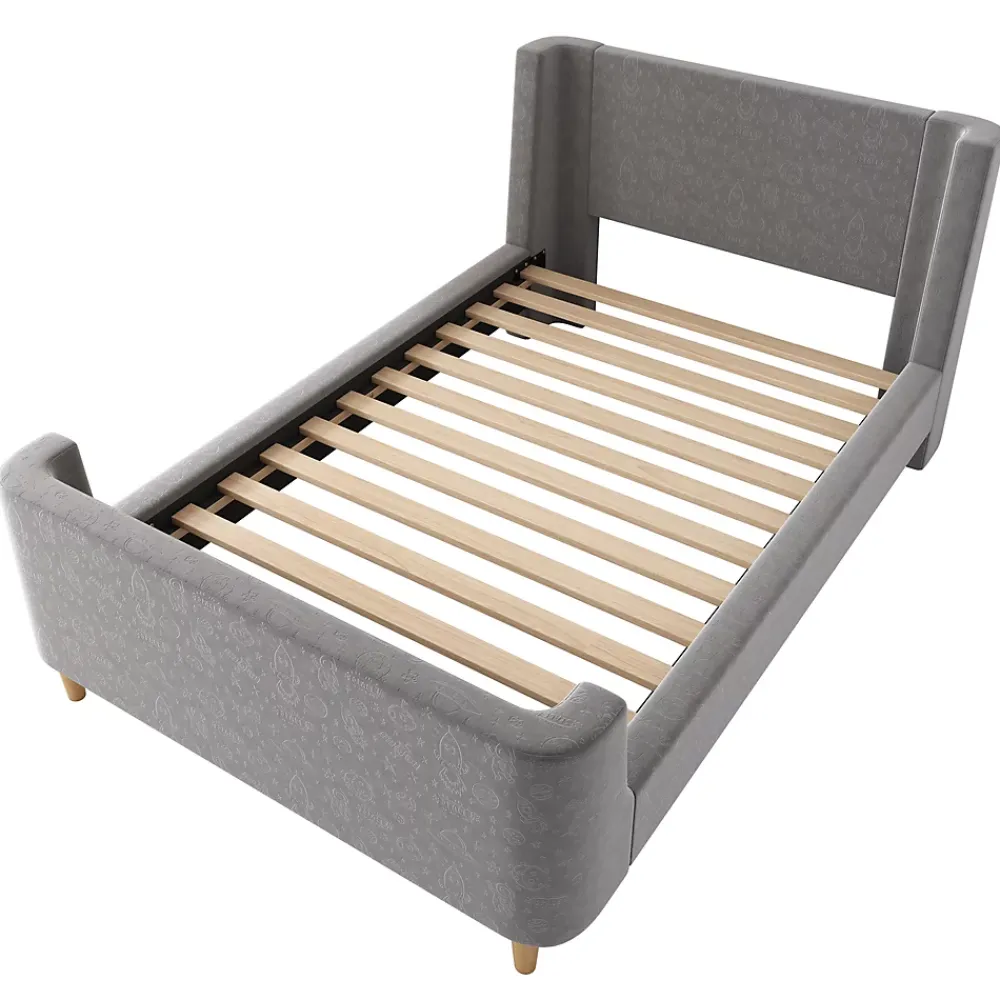 Generique Lit Enfant - Lit Simple avec Design Traîneau et Revêtement Velours Motif Espace - Structure Métal et Bois Gris - 90 x 200 cm* Lit Simple