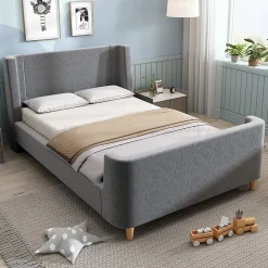 Generique Lit Enfant - Lit Simple avec Design Traîneau et Revêtement Velours Motif Espace - Structure Métal et Bois Gris - 90 x 200 cm* Lit Simple