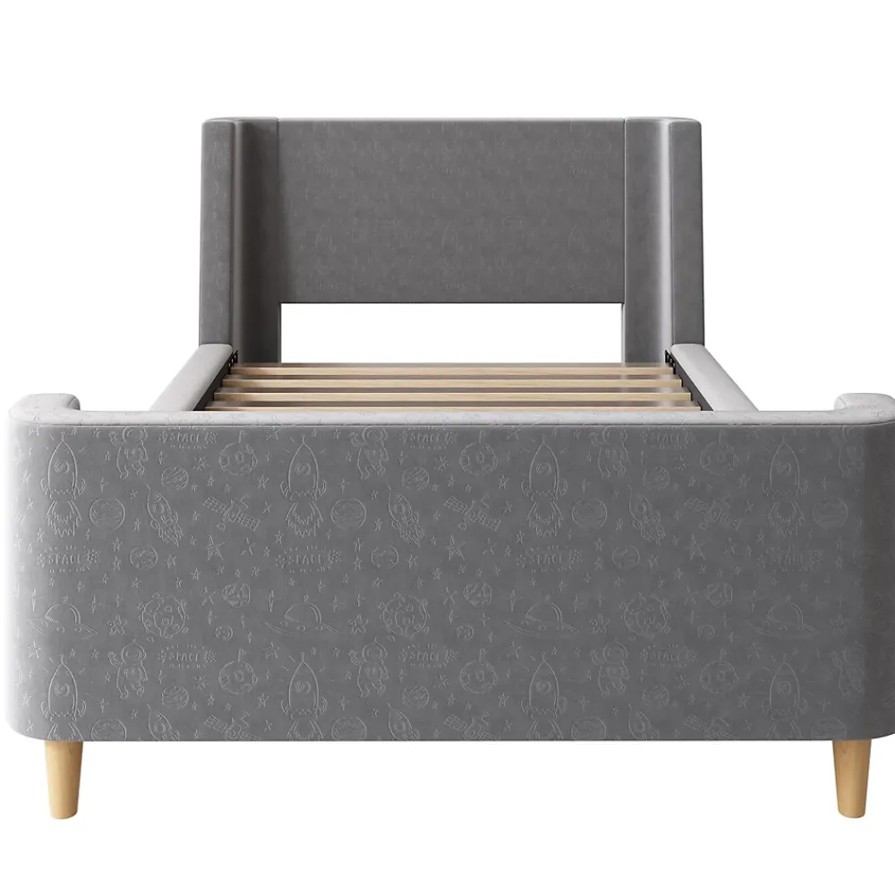 Generique Lit Enfant - Lit Simple avec Design Traîneau et Revêtement Velours Motif Espace - Structure Métal et Bois Gris - 90 x 200 cm* Lit Simple