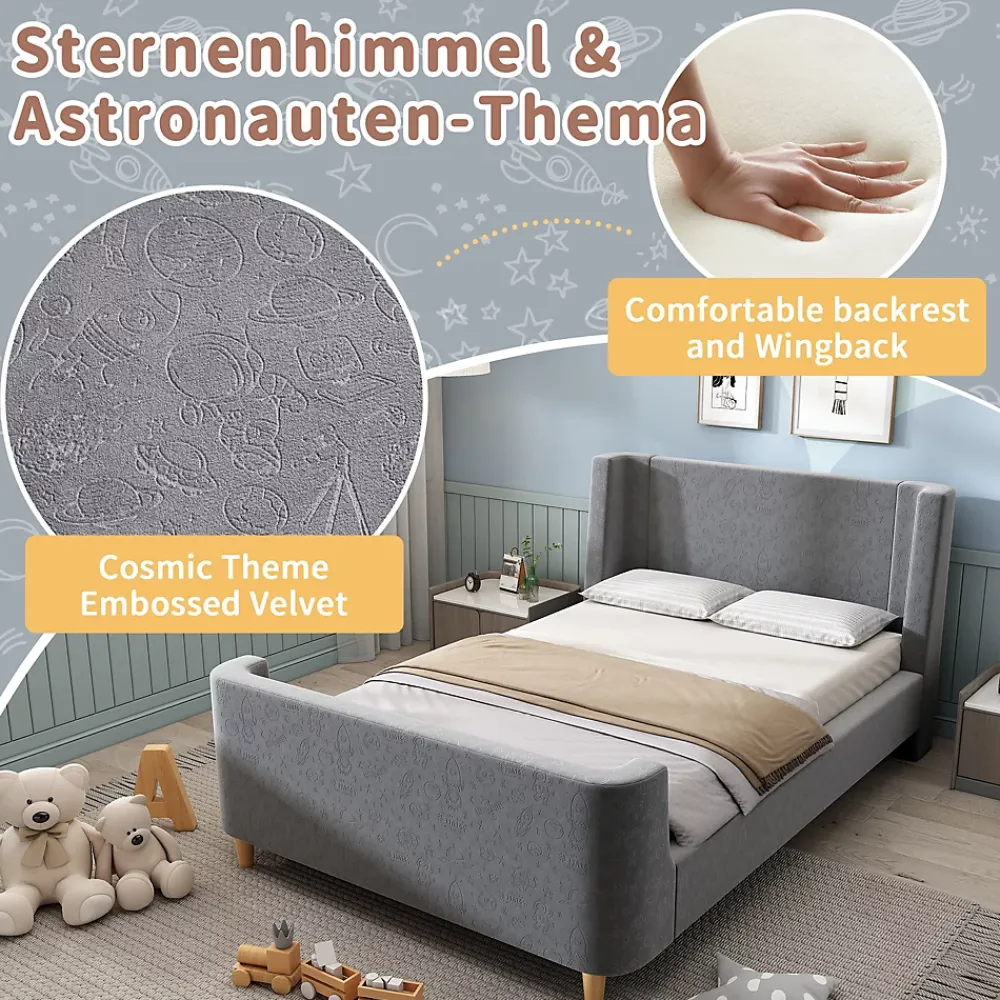 Generique Lit Enfant - Lit Simple avec Design Traîneau et Revêtement Velours Motif Espace - Structure Métal et Bois Gris - 90 x 200 cm* Lit Simple