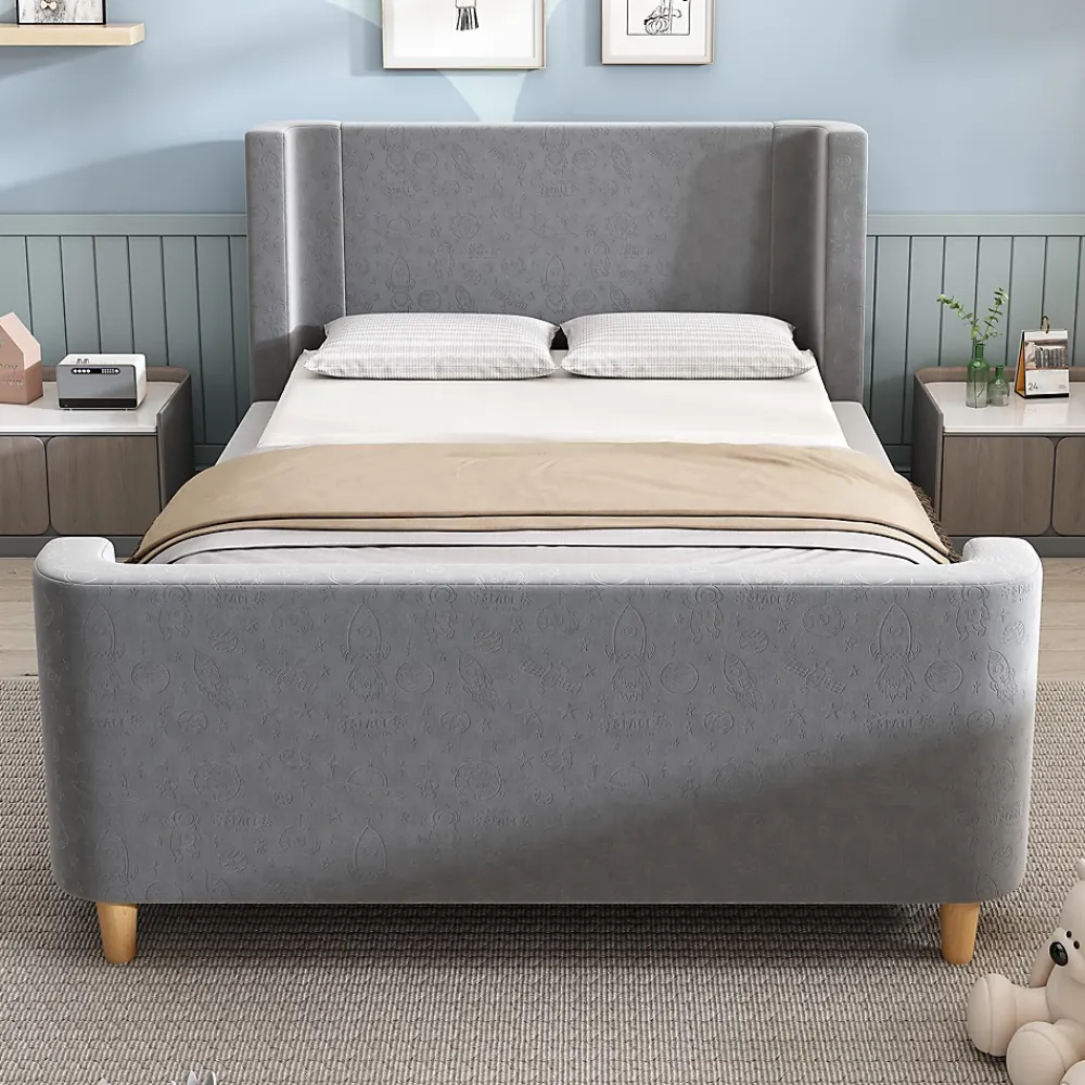 Generique Lit Enfant - Lit Simple avec Design Traîneau et Revêtement Velours Motif Espace - Structure Métal et Bois Gris - 90 x 200 cm* Lit Simple