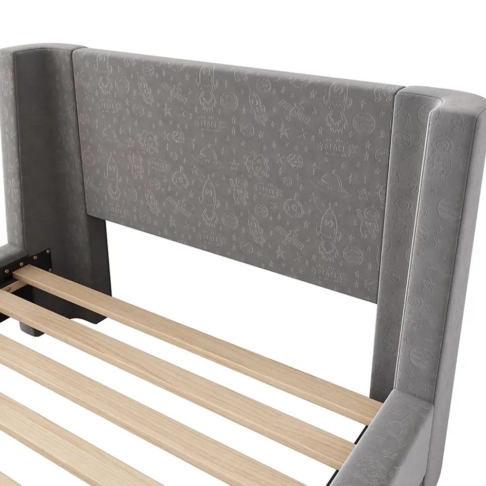 Generique Lit Enfant - Lit Simple avec Design Traîneau et Revêtement Velours Motif Espace - Structure Métal et Bois Gris - 90 x 200 cm* Lit Simple