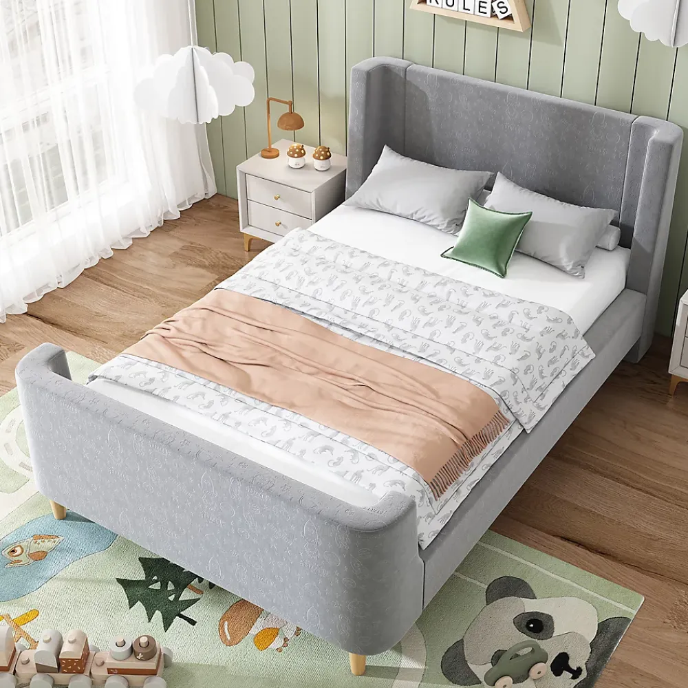 Generique Lit Enfant - Lit Simple avec Design Traîneau et Revêtement Velours Motif Espace - Structure Métal et Bois Gris - 90 x 200 cm* Lit Simple
