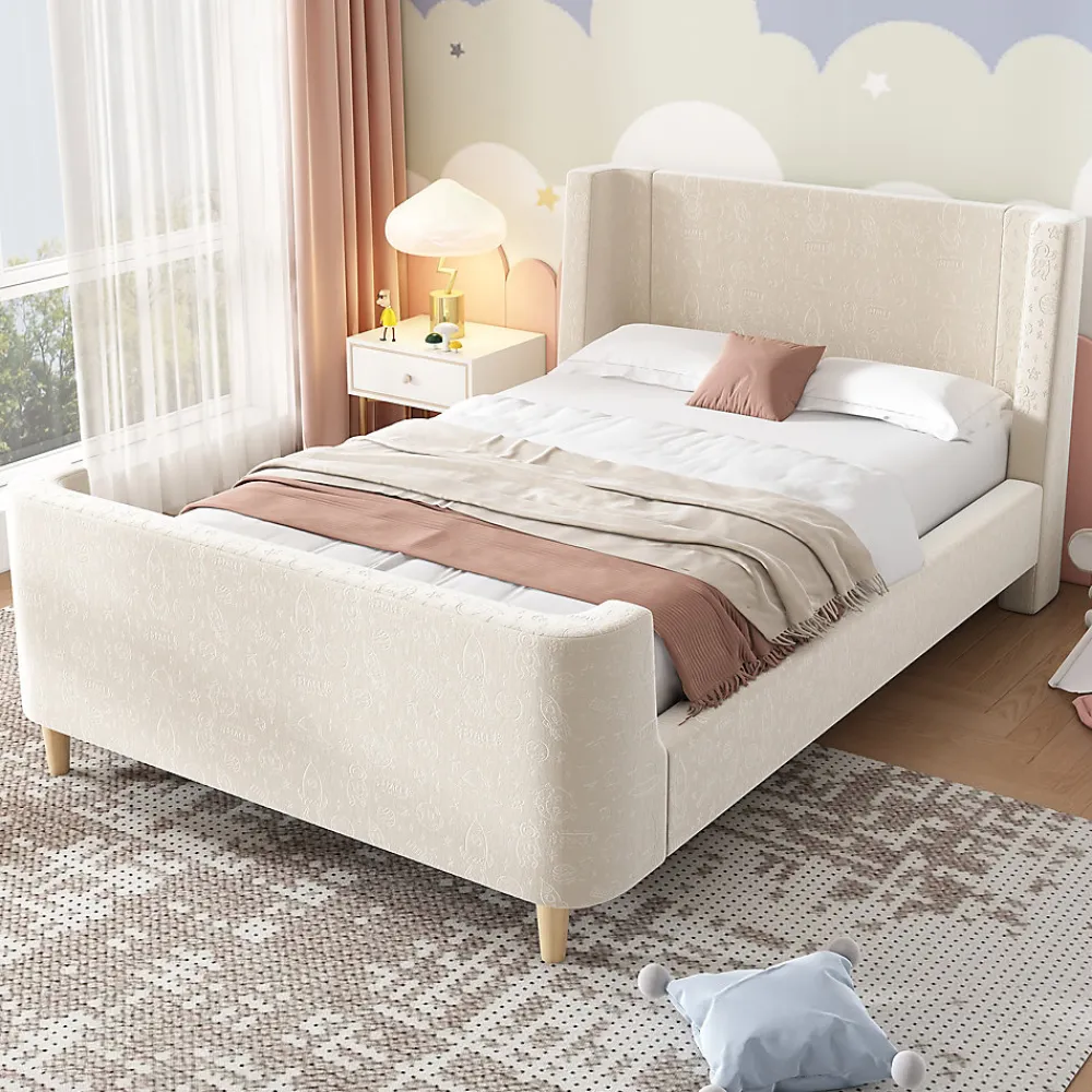 Lit Enfant - Lit Simple avec Design Traîneau et Revêtement Velours Motif Espace - Structure Métal et Bois Beige - 90 x 200 cm>Generique Clearance