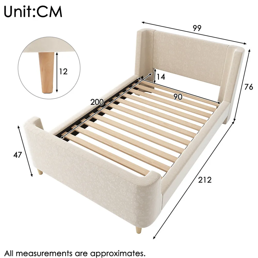 Lit Enfant - Lit Simple avec Design Traîneau et Revêtement Velours Motif Espace - Structure Métal et Bois Beige - 90 x 200 cm>Generique Clearance
