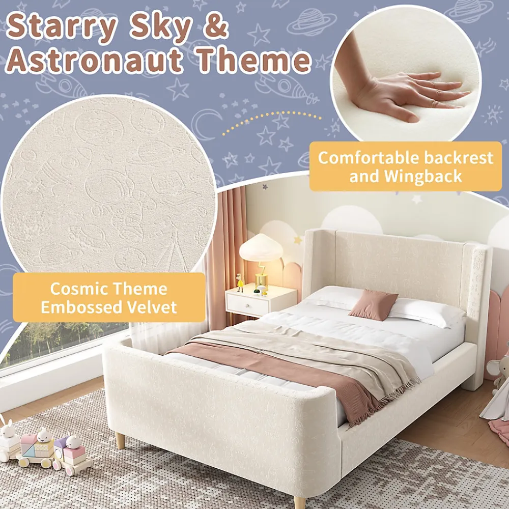 Lit Enfant - Lit Simple avec Design Traîneau et Revêtement Velours Motif Espace - Structure Métal et Bois Beige - 90 x 200 cm>Generique Clearance