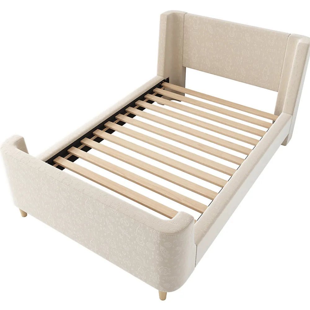 Lit Enfant - Lit Simple avec Design Traîneau et Revêtement Velours Motif Espace - Structure Métal et Bois Beige - 90 x 200 cm>Generique Clearance