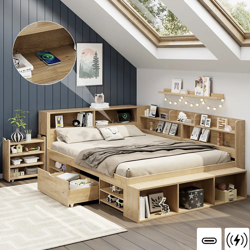 Lit enfant 140 x 200 cm - avec 1 tiroir - avec bibliothèque et rangement - sommier à lattes - naturel (matelas non inclus)>ModernLuxe Clearance