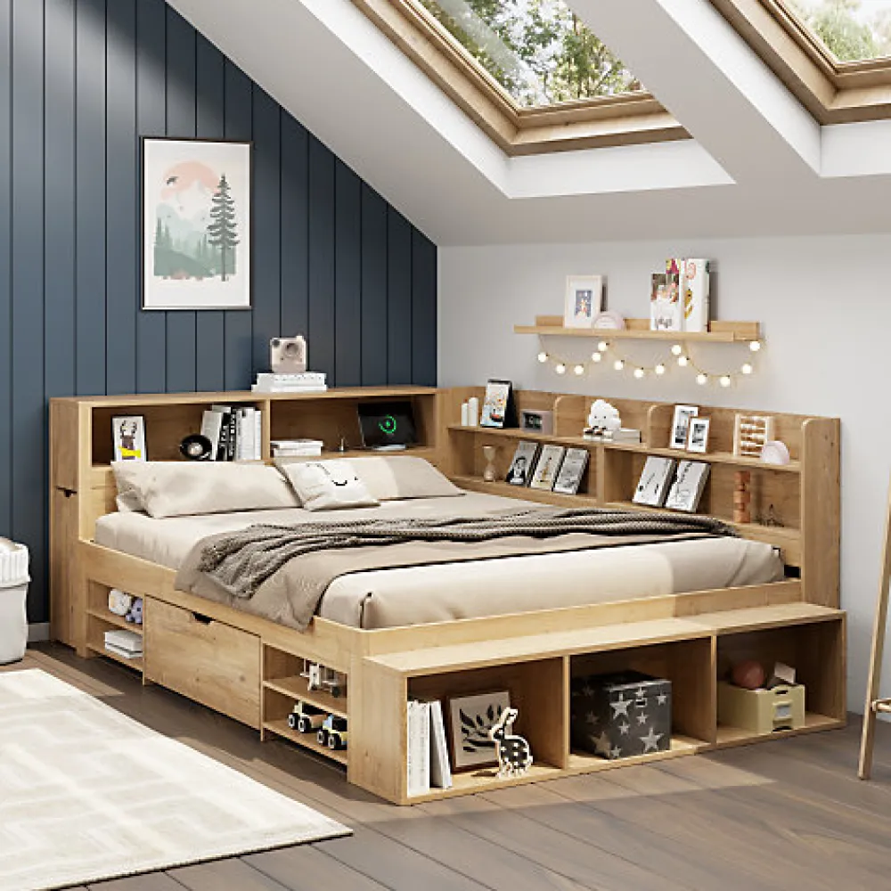Lit enfant 140 x 200 cm - avec 1 tiroir - avec bibliothèque et rangement - sommier à lattes - naturel (matelas non inclus)>ModernLuxe Clearance