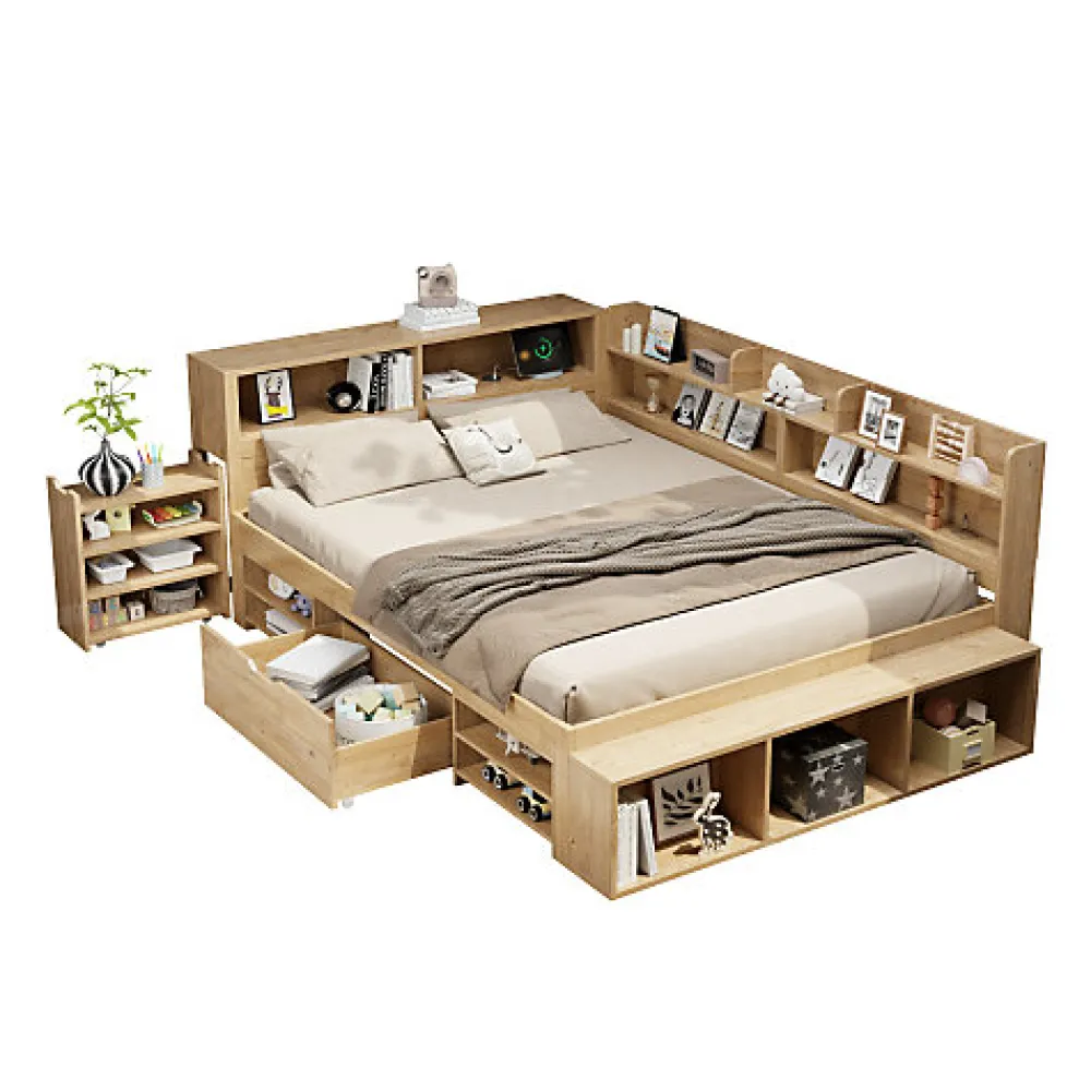 Lit enfant 140 x 200 cm - avec 1 tiroir - avec bibliothèque et rangement - sommier à lattes - naturel (matelas non inclus)>ModernLuxe Clearance