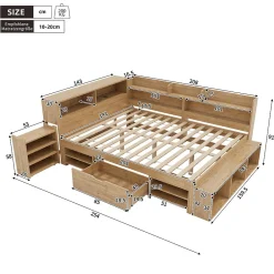 Lit enfant 140 x 200 cm - avec 1 tiroir - avec bibliothèque et rangement - sommier à lattes - naturel (matelas non inclus)><noscript><img width=