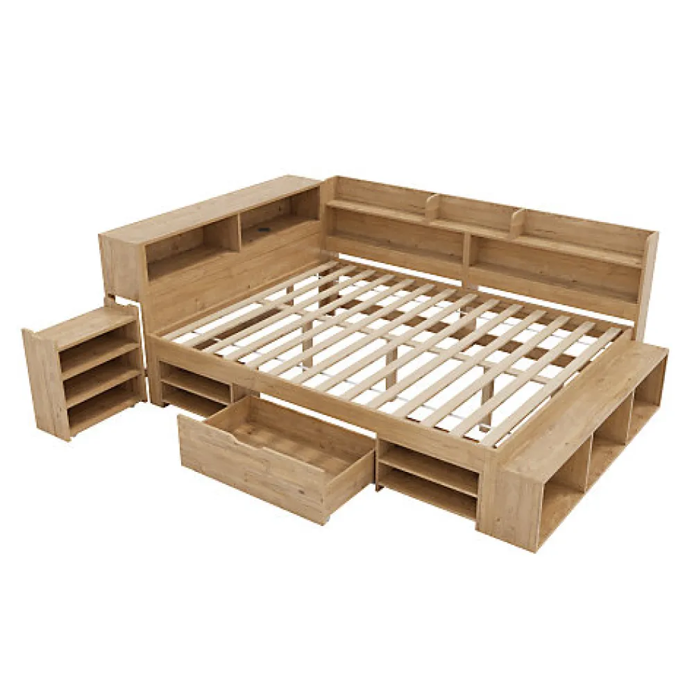 Lit enfant 140 x 200 cm - avec 1 tiroir - avec bibliothèque et rangement - sommier à lattes - naturel (matelas non inclus)>ModernLuxe Clearance