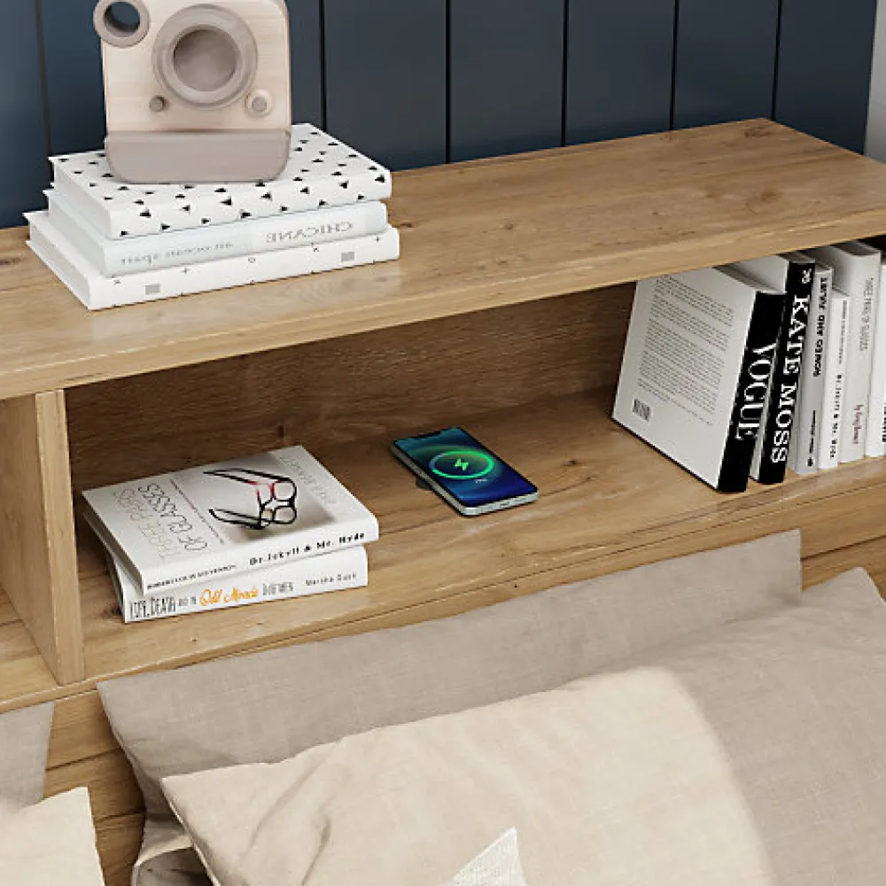 Lit enfant 140 x 200 cm - avec 1 tiroir - avec bibliothèque et rangement - sommier à lattes - naturel (matelas non inclus)>ModernLuxe Clearance