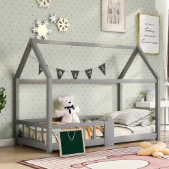Lit enfant 90 x 200 cm - Lit Cabane avec Tablette et Tableau - Bois de Pin - Sans Matelas - Gris>Okwish New