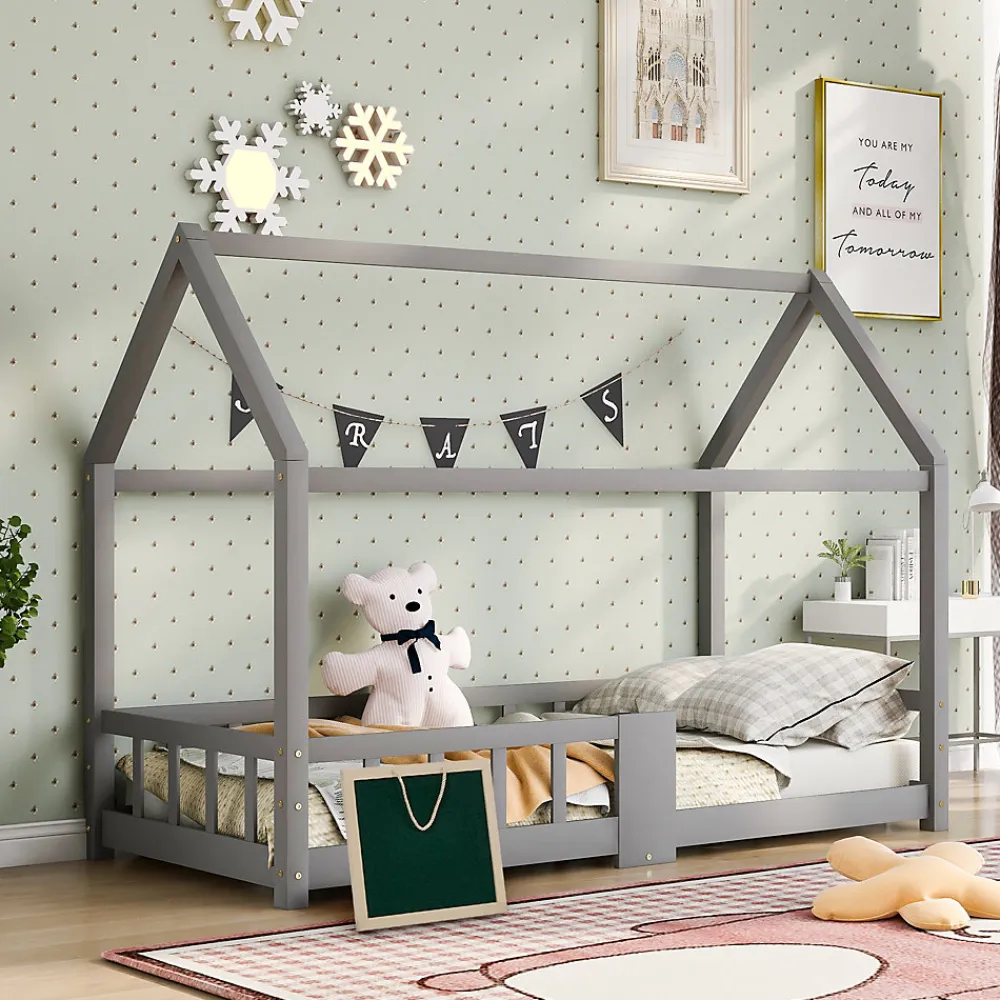 Lit enfant 90 x 200 cm - Lit Cabane avec Tablette et Tableau - Bois de Pin - Sans Matelas - Gris>Okwish New