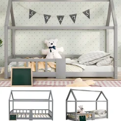 Lit enfant 90 x 200 cm - Lit Cabane avec Tablette et Tableau - Bois de Pin - Sans Matelas - Gris>Okwish New