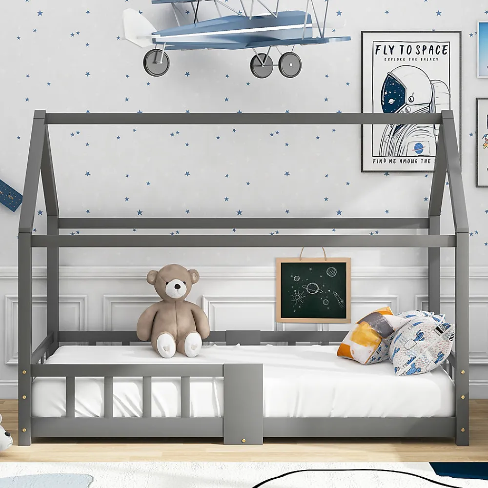 Lit enfant 90 x 200 cm - Lit Cabane avec Tablette et Tableau - Bois de Pin - Sans Matelas - Gris>Okwish New
