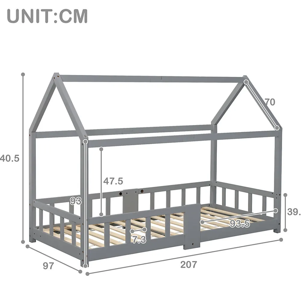 Lit enfant 90 x 200 cm - Lit Cabane avec Tablette et Tableau - Bois de Pin - Sans Matelas - Gris>Okwish New