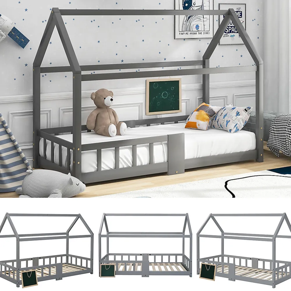 Lit enfant 90 x 200 cm - Lit Cabane avec Tablette et Tableau - Bois de Pin - Sans Matelas - Gris>Okwish New
