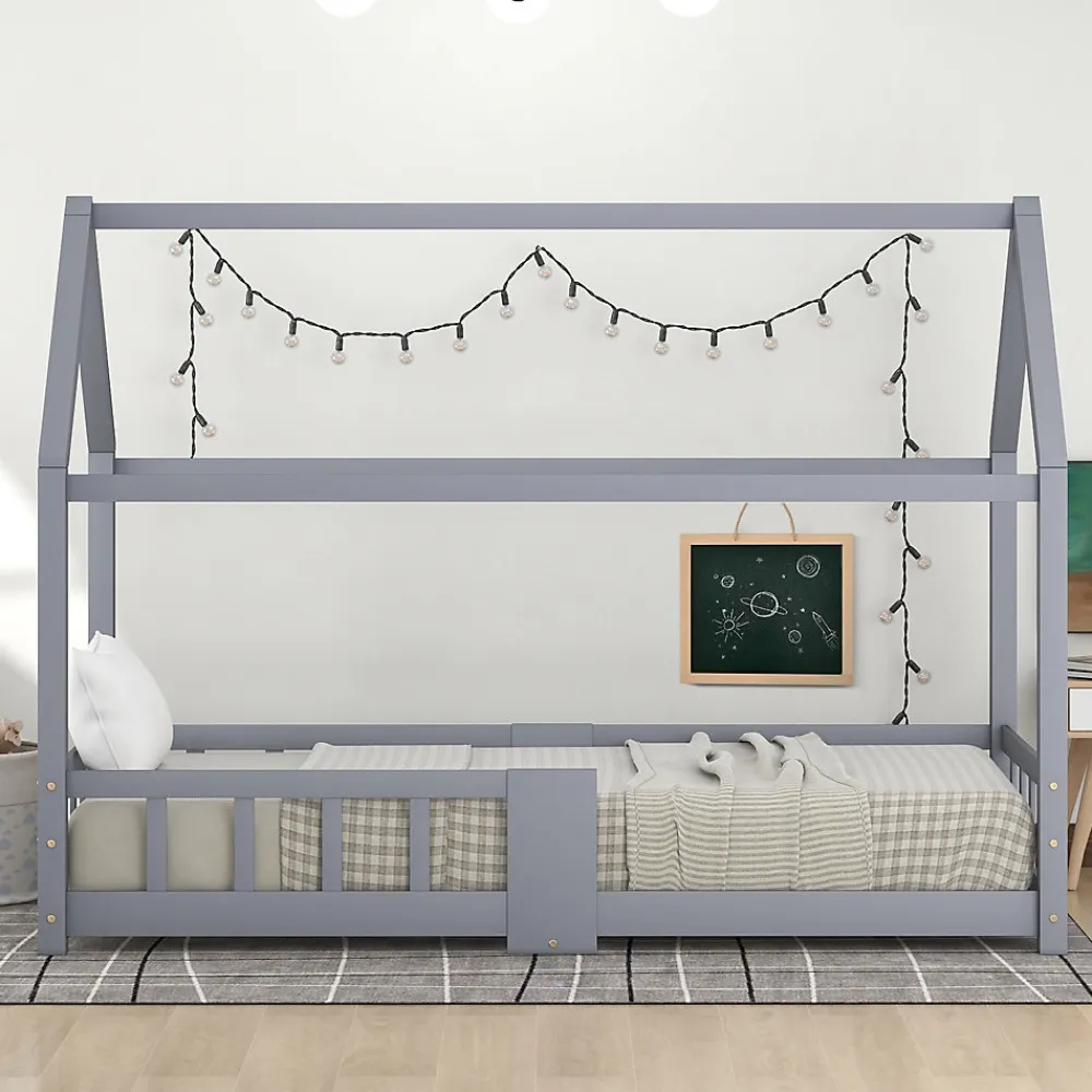 Lit enfant 90 x 200 cm - Lit Cabane avec Tablette et Tableau - Bois de Pin - Sans Matelas - Gris>Okwish New