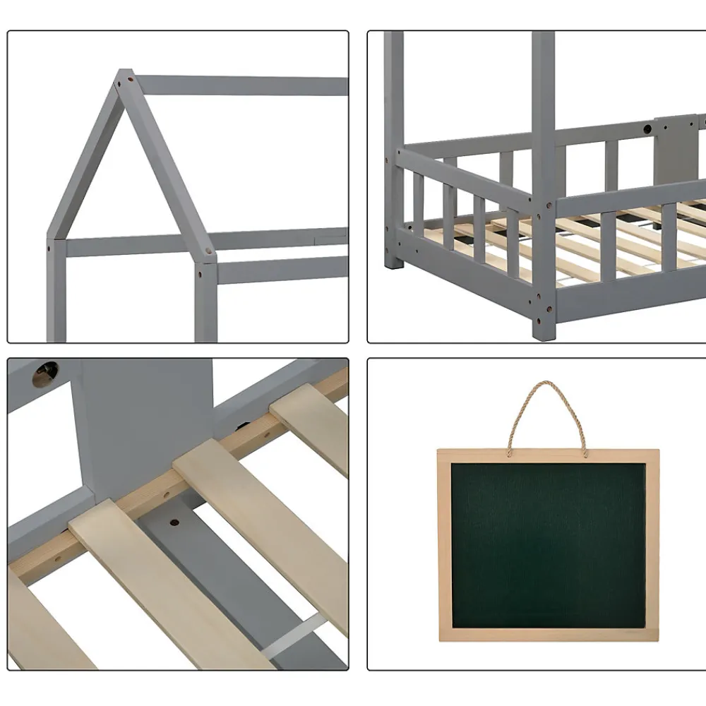Lit enfant 90 x 200 cm - Lit Cabane avec Tablette et Tableau - Bois de Pin - Sans Matelas - Gris>Okwish New