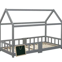 Lit enfant 90 x 200 cm - Lit Cabane avec Tablette et Tableau - Bois de Pin - Sans Matelas - Gris><noscript><img width=