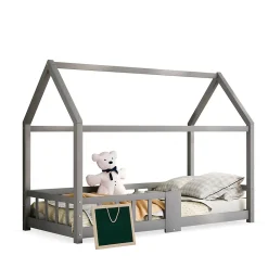 Lit enfant 90 x 200 cm - Lit Cabane avec Tablette et Tableau - Bois de Pin - Sans Matelas - Gris><noscript><img width=