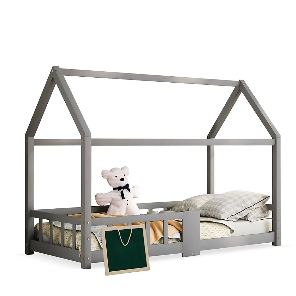 Lit enfant 90 x 200 cm - Lit Cabane avec Tablette et Tableau - Bois de Pin - Sans Matelas - Gris>Okwish New