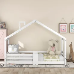 Okwish Lit enfant 90 x 200 cm - Lit Cabane avec Cheminée Antichute - Bois de Pin - Sans Matelas - Blanc*Enfant Lit Enfant