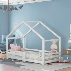 Okwish Lit enfant 90 x 200 cm - Lit Cabane avec Cheminée Antichute - Bois de Pin - Sans Matelas - Blanc*Enfant Lit Enfant