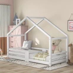 Okwish Lit enfant 90 x 200 cm - Lit Cabane avec Cheminée Antichute - Bois de Pin - Sans Matelas - Blanc*Enfant Lit Enfant