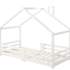 Okwish Lit enfant 90 x 200 cm - Lit Cabane avec Cheminée Antichute - Bois de Pin - Sans Matelas - Blanc*Enfant Lit Enfant