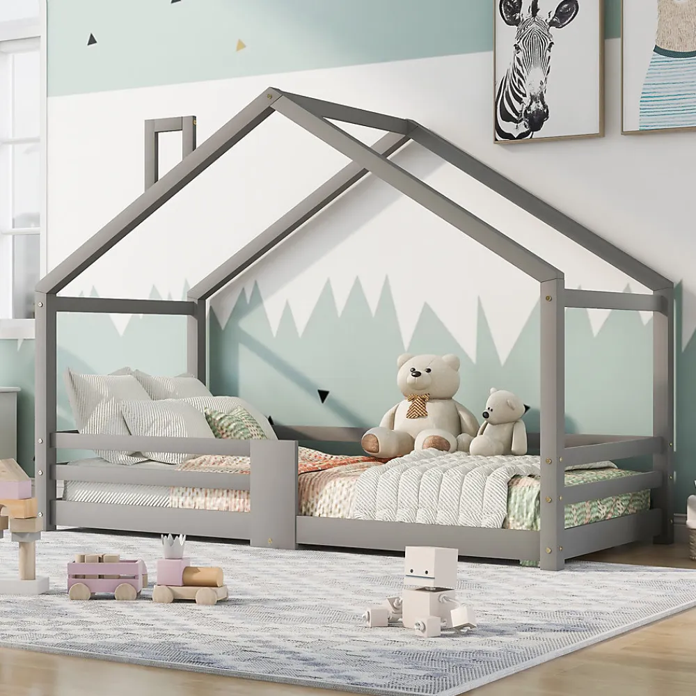 Lit enfant 90 x 200 cm - Lit Cabane avec Cheminée Antichute - Bois de Pin - Sans Matelas - Gris>Okwish Online