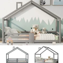 Lit enfant 90 x 200 cm - Lit Cabane avec Cheminée Antichute - Bois de Pin - Sans Matelas - Gris>Okwish Online