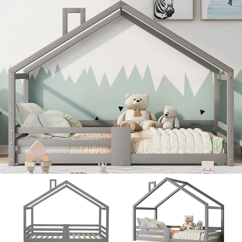 Lit enfant 90 x 200 cm - Lit Cabane avec Cheminée Antichute - Bois de Pin - Sans Matelas - Gris>Okwish Online