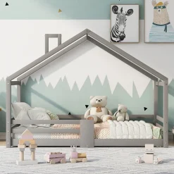 Lit enfant 90 x 200 cm - Lit Cabane avec Cheminée Antichute - Bois de Pin - Sans Matelas - Gris><noscript><img width=