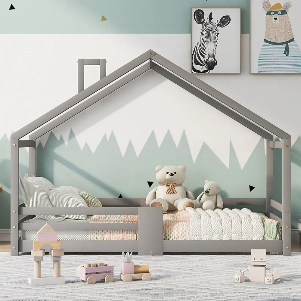 Lit enfant 90 x 200 cm - Lit Cabane avec Cheminée Antichute - Bois de Pin - Sans Matelas - Gris>Okwish Online