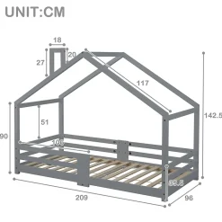 Lit enfant 90 x 200 cm - Lit Cabane avec Cheminée Antichute - Bois de Pin - Sans Matelas - Gris><noscript><img width=