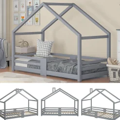 Lit enfant 90 x 200 cm - Lit Cabane avec Cheminée Antichute - Bois de Pin - Sans Matelas - Gris><noscript><img width=