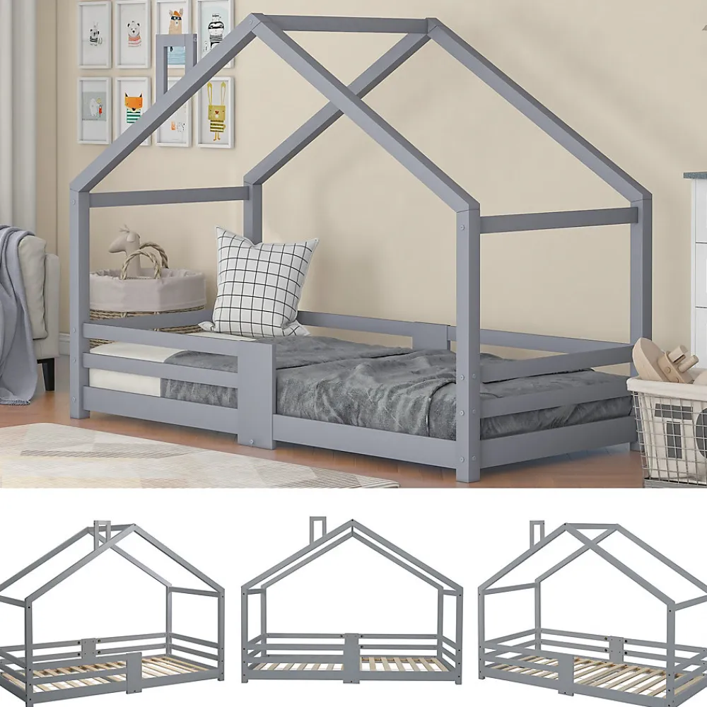 Lit enfant 90 x 200 cm - Lit Cabane avec Cheminée Antichute - Bois de Pin - Sans Matelas - Gris>Okwish Online