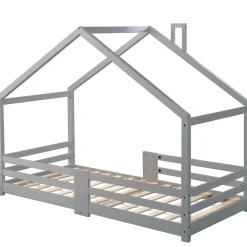 Lit enfant 90 x 200 cm - Lit Cabane avec Cheminée Antichute - Bois de Pin - Sans Matelas - Gris><noscript><img width=