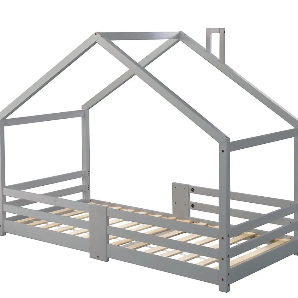 Lit enfant 90 x 200 cm - Lit Cabane avec Cheminée Antichute - Bois de Pin - Sans Matelas - Gris>Okwish Online