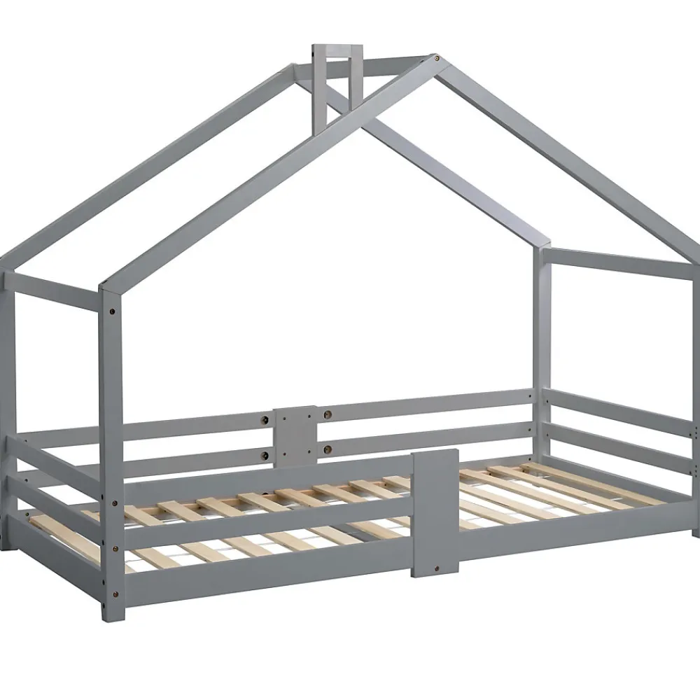 Lit enfant 90 x 200 cm - Lit Cabane avec Cheminée Antichute - Bois de Pin - Sans Matelas - Gris>Okwish Online