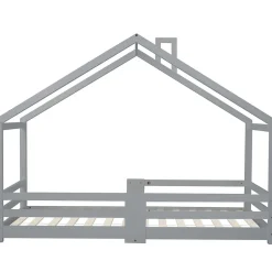 Lit enfant 90 x 200 cm - Lit Cabane avec Cheminée Antichute - Bois de Pin - Sans Matelas - Gris><noscript><img width=