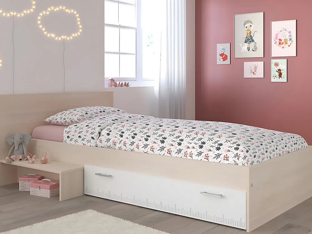 Lit enfant 90 x 190 cm avec 1 tiroir - Coloris : Naturel et blanc - IPLIA>Vente-unique New